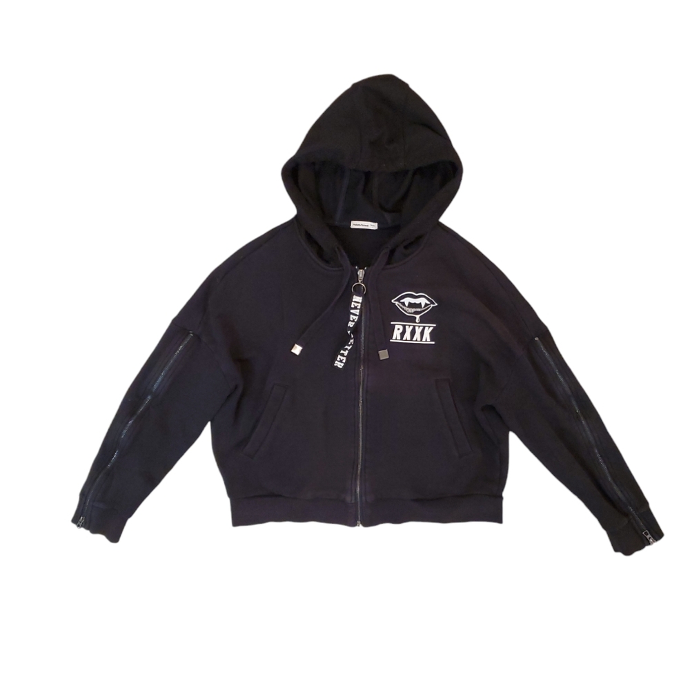 RXXK Women's Black Fangs Hand of Destiny‎ Crop Zip Up Hoodie Small